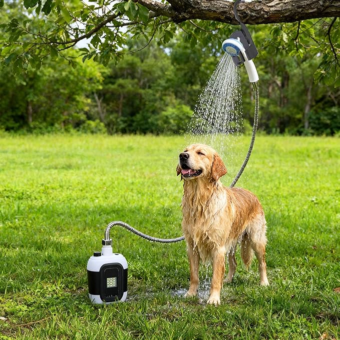 Ymiko Portable Camping Shower with Built in Light 2000mAh Battery Operated Outdoor Shower Pump with Flexible Mounting System for Camping Hiking Travel Washing Pets and Vehicles