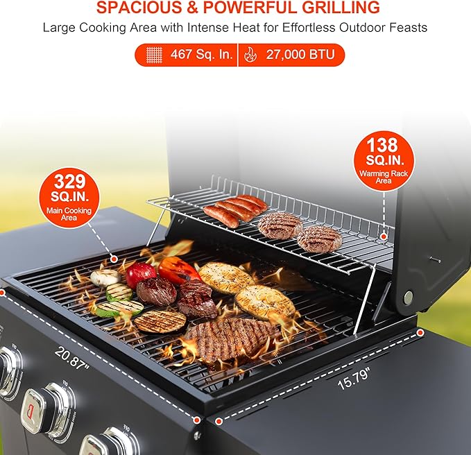 BRANDMAN GRILLS SINCE 1987 3-Burner Propane Gas Grill 27000 BTU BBQ Grill with Porcelain-Enameled Grates Built-In Thermometer Side Shelves Heavy-Duty Wheels – Outdoor Grill for Patio &amp Backya