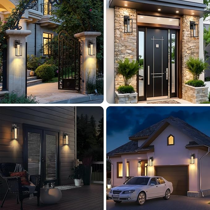 WIHTU Dusk to Dawn Porch Light Sensor Outdoor Light Fixture for House with Crystal Bubble Modern Matte Black Exterior Lighting Fixtures 2 Pack Outside Lanterns for Garage Entryway