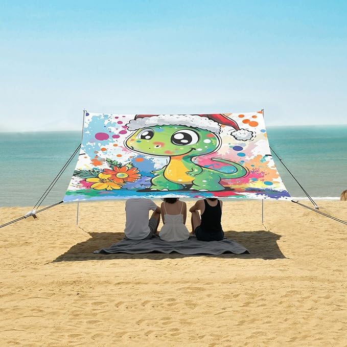 Funny Dinosaur1 Beach Tent &amp Canopy UPF50+ Protection Easy Setup Large Portable Sun Shelter with Sturdy Poles Sandbags and Shovel for Camping Fishing Backyard Fun