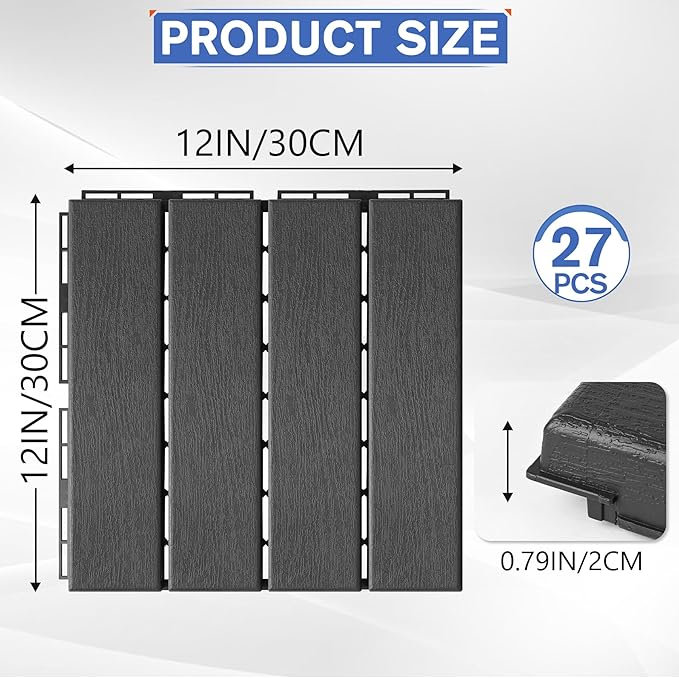 MYFAMIREA 27 Pcs Plastic Interlocking Deck Tiles 12 x 12 Patio Floor Decking Tiles Indoor Outdoor Waterproof Non-Slip Flooring Tile All Weather Use for Balcony Backyard Porch Poolside Dark Grey