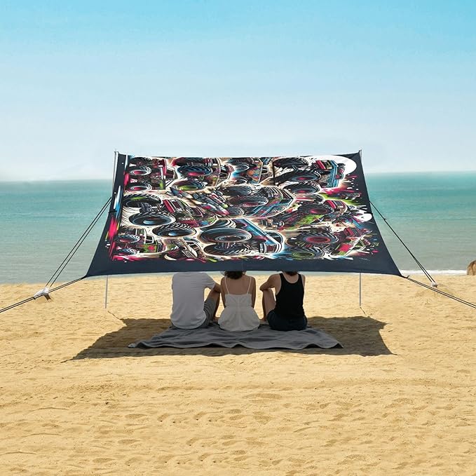ALAZA Monster Trucks Cartoon Graffiti Beach Tent Sun Shelter UPF50+ Protection Beach Shade Canopy w/ 4 Sandbags for Outdoor Camping Fishing Backyard Fun Picnic 10x9 ft