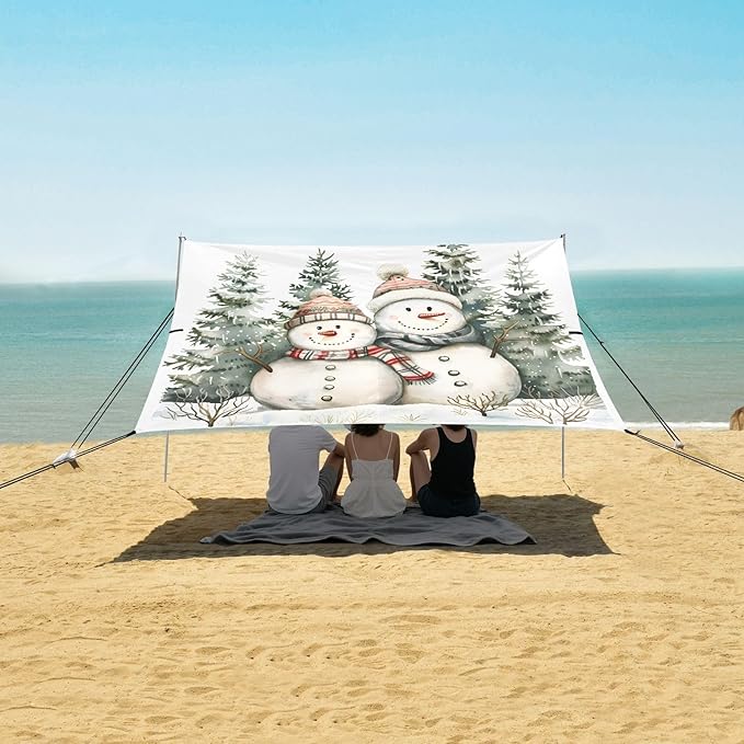 ALAZA Christmas Snowmen Beach Tent Sun Shelter UPF50+ Protection Beach Shade Canopy w/ 4 Sandbags for Outdoor Camping Fishing Backyard Fun Picnic 10x9 ft