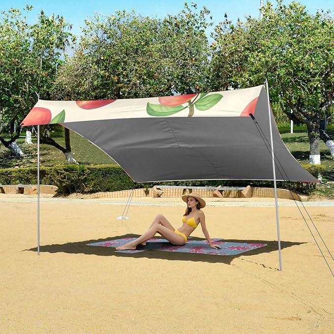 xigua Peach Beach Tent Sun Shelter with Carrying Bag - Silver Coated Oxford Fabric Beach Canopy for Beach Camping Fishing - Includes Windproof Ropes Sandbags &amp Stakes
