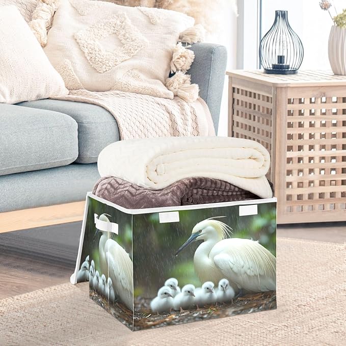 AIXIWAWA Lidded Storage Cube (White Bird Family) Fabric Foldable Closet Bins with Flip Lid and Handles Organizer Basket Container 16.5 x 12.6 x 11.8 IN