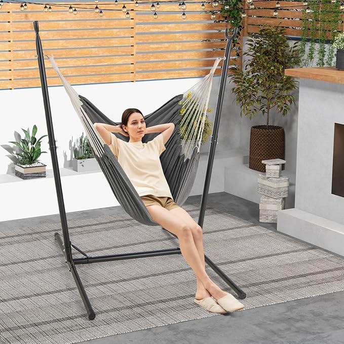 Tangkula Adjustable Hammock Chair with Stand Sturdy Swing Chair with 6 Adjustable Positions Storage Pocket Metal Frame Heavy-Duty Hammock for Indoor &amp Outdoor Use (Grey)