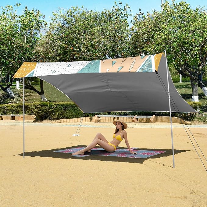 Beach Canopy with Windproof Ropes &amp Sandbags Beach Tent Sun Shade Sun Shelter for Camping Trips Fishing Backyard Fun or Picnics Mountain