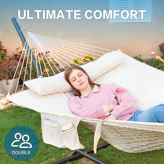 PNAEUT Double Hammock with Stand for Outside Rope Hammocks with Polyester Pad 2 Person 12ft Heavy Duty Stand Extra Pillow Storage Sidebag Max 475 lbs Capacity (Pearl White)