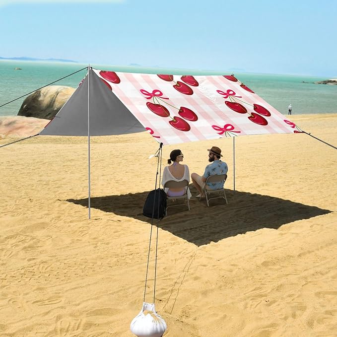 xigua Cherry Beach Tent Sun Shelter with Carrying Bag - Silver Coated Oxford Fabric Beach Canopy for Beach Camping Fishing - Includes Windproof Ropes Sandbags &amp Stakes