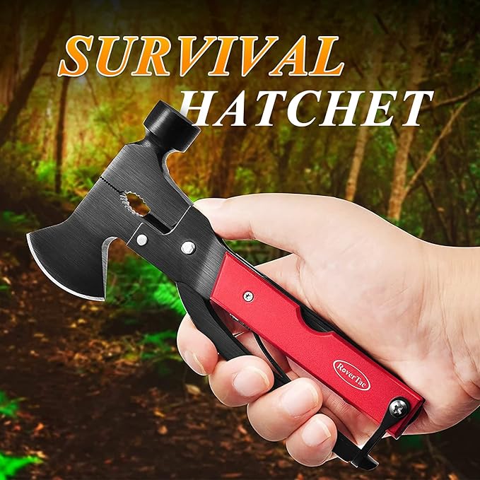 RoverTac 14-in-1 Multitool Camping Axe Hatchet – Essential Camping Gear with Knife Hammer Saw Bottle Opener Screwdriver – Multi Tool with Sheath – Gifts for Men Dad and Outdoor Adventures