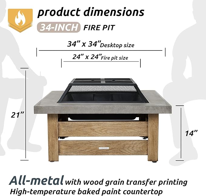 WILDMOS Firepits for OutsideWood Burning Fire Pit with Wood-Grain Side PanelsFirepit for Outside with Mesh Cover &amp Fire PokerSquare Modern Outdoor Fireplace Fire Table. (Countryside)