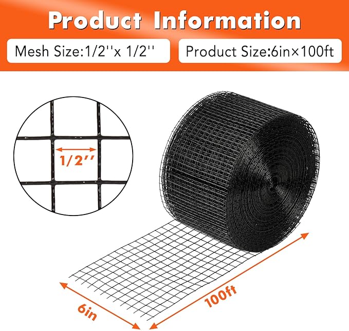 6In x 100Ft 1/2-Inch Grid Solar Panel Bird Guard Kit | Heavy-Duty PVC Coated Mesh with 100 Fastener Clips 100 Cable Ties Gloves &amp Pliers for Bird &amp Critter Control