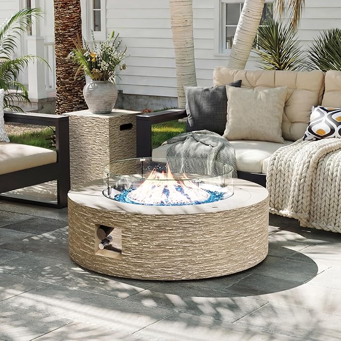 UPHA 42-inch Outdoor Propane Gas Fire Pit Table 50000 BTU Concrete Round FirePit for Outside Patio with Propane Tank Cover Wind Guard Blue Glass Rocks Rain Cover Beige