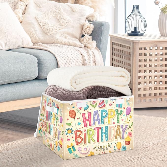 Happy Birthday Beige Large Storage Bins with Linen Foldable Storage Cubes Fabric Closet Organizer Containers box with Flip-Top Lid for Home Office Closet 16.5” x 12.6” x 11.8”