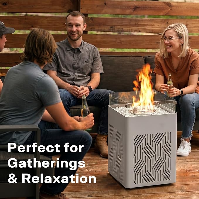 18 Aluminum Propane Fire Pit Table with 45000 BTU Square Outdoor Gas Fire Table with Glass Wind Guard Glass Stones &amp Waterproof Cover Patio Fire Table for Balcony Backyard Porch White