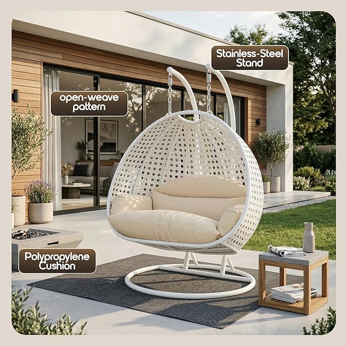 LeisureMod 2 Person Wicker Egg Chair Outdoor Indoor Bedroom Patio Hanging Lounge Swing Hammock Chairs with White Stand and UV Resistant Cushions (Cream)