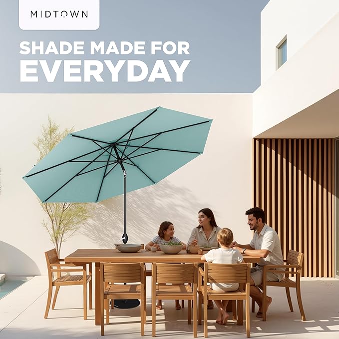 Midtown Umbrellas - 10-Year-No-Fade 8 Ft Patio Umbrella with Terylast Fabric Auto-Tilt Aluminum Frame and 8 Reinforced Ribs for Deck Pool Garden &amp Beach - Aqua Canopy Black Pole