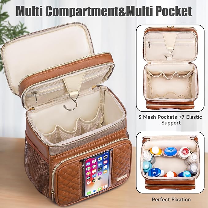 Large Leather Toiletry Bag for Women MenBathroom BagWater Resistant Shower BagMakeup BagPortable Shower Caddy for College DormHanging Travel Toiletry Bag with Transparent Waterproof Phone Pocket