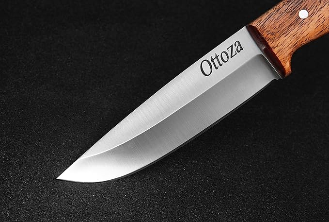 Ottoza Full Tang Bushcraft Knife with 1095 Carbon Steel Fixed Blade - Survival and Outdoor Camping Knife - Black Cross Draw Sheath and Musket Wood Handle 393