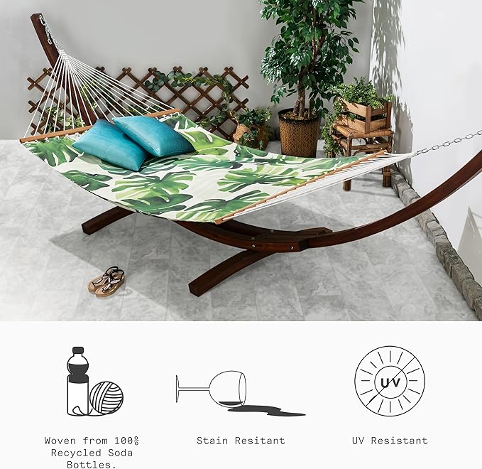 Fab Habitat Tropical Botanical Recycled Polyester Hammock - Panama - Green - Indoor/Outdoor Quick Dry 2 Person 460 lbs Capacity - Patio Poolside Backyard Garden Beach - 12-14 ft Adjustable