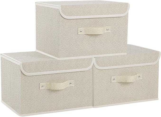 Fabric Storage Bins Cube Organizers with Flip-Top Lid and HandlesStorage Boxes for Organizing HomeOfficeand ClosetGrey and Beige3 Pack 13 X 9.1 X 7.9 in