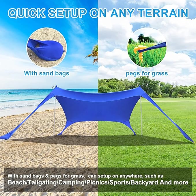 YUEWO Beach Canopy Sun Shade with UPF 50+ UV Protection Beach Tent Sun Shelter with Sandbags Poles and Ground Pegs Anti-Wind Ropes Outdoor Pop Up Tent for Camping Backyard and Picnics