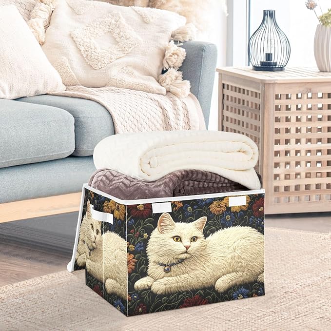 Storage Cube with Lid Floral Cat White Print 16.5×12.6×11.8 IN Collapsible Large Capacity Foldable Storage Basket Bin Organizer