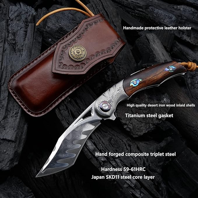 3.7 Inch Folding Pocket Knife Japanese SKD11 Damascus Steel Blade - Outdoor Camping Knife EDC Tactical Knife Forged Steel with G10 Handle Portable Survival Knife for Hunting Hiking