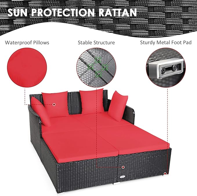 Tangkula Outdoor Rattan Daybed Sunbed Wicker Furniture w/Spacious Seat Upholstered Cushion &amp High-Resilience Sponge Wicker Patio Sofa Set w/Extra Pillows for Courtyard Poolside(Red)
