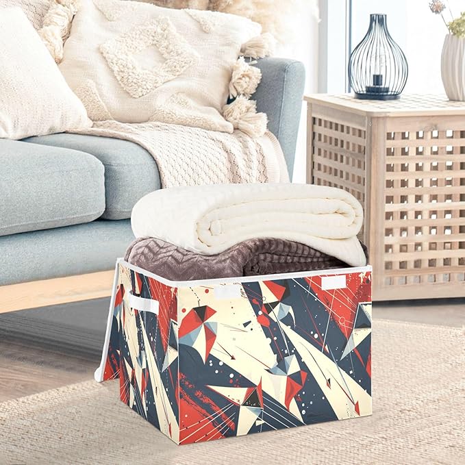 Storage Bins With Lid Stackable Fabric Closet Organizer Clothing Storage Large Boxes For Closet Shelves Bedroom Red Blue Angular Abstract