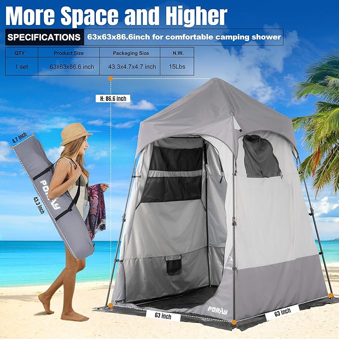 Camping Shower Tent Deluxe Changing Room Easy Set Up Privacy ShelterLarge Toilet Tent with Floor Drain Design for Beach CampingHiking with Stakes and Ropes for Stability