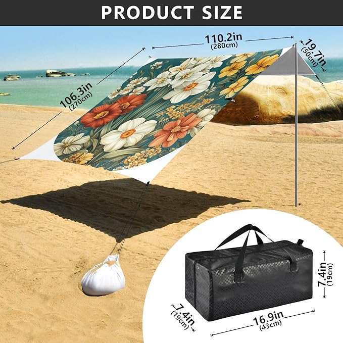 Florals Daffodil Bleeding Heart Dahlia Beach Tent &amp Canopy UPF50+ Lightweight Sun Shelter with Sandbags and Shovel for Backyard and Camping