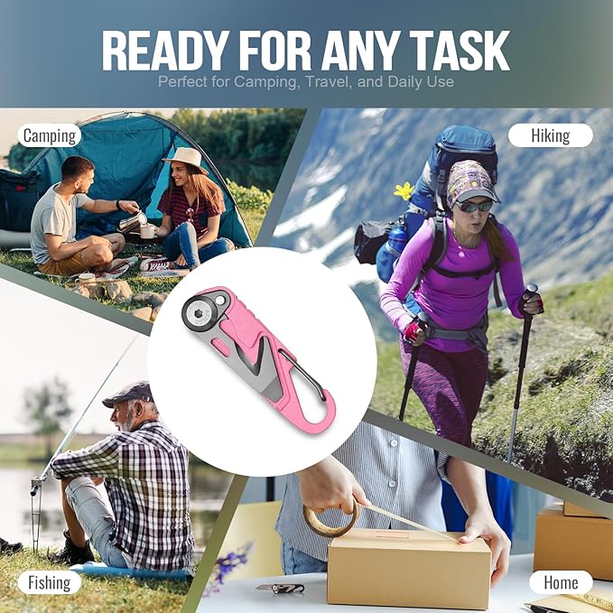 TACRAY Vinto 5-in-1 Small Pocket Knife – Ultra-Light Compact Multitool with Utility Knife Seatbelt Cutter Bottle Opener Flathead Screwdriver &amp Keyring Attachment for Everyday Carry (Pink)