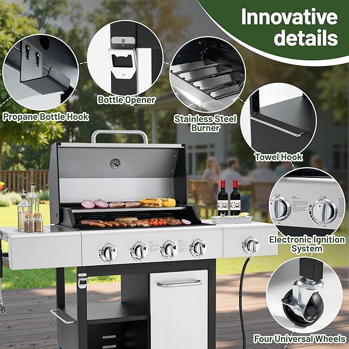 HUGROVE Propane Gas BBQ Grill with Side Burner &amp Wheels 50000 BTU Output Stainless Steel Barbecue Grill for Backyard &amp Outdoor Cooking Easy to Assemble (Silver)