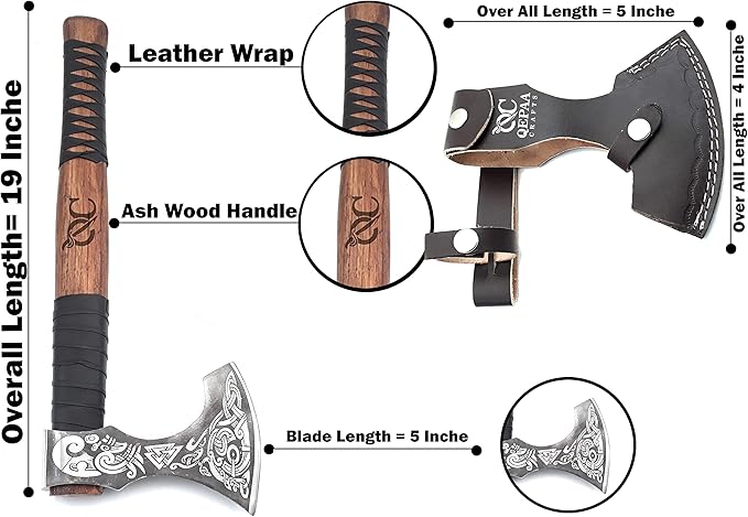 Viking Axe – 19 Inch Rosewood Handle Camping with Leather Sheath Throwing Axes and Tomahawks Wood Splitting Axe Bushcraft - Gift for Father’s Day Husband (Erik) BLACK