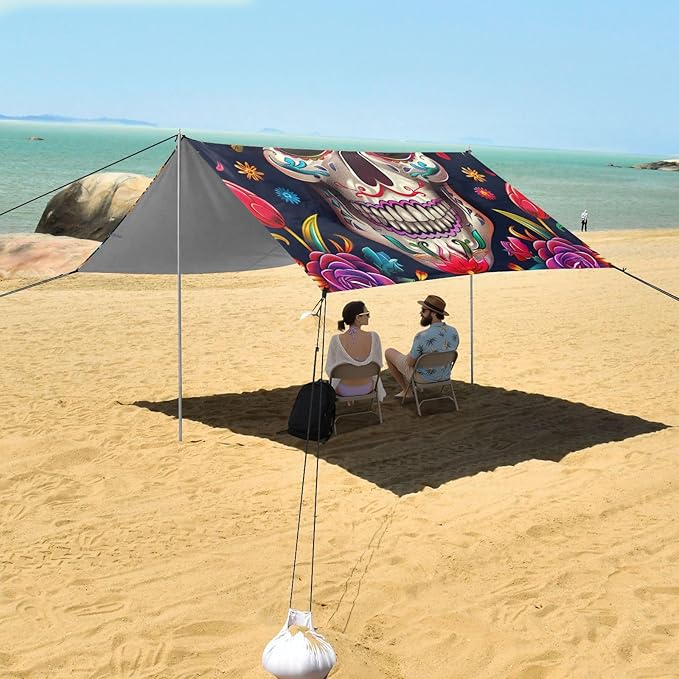 ALAZA Sugar Skull The Day of Dead Floral Beach Tent Sun Shelter Portable Canopy Sunshade for Outdoor Camping Picnics Backyard Fun 10x9 ft