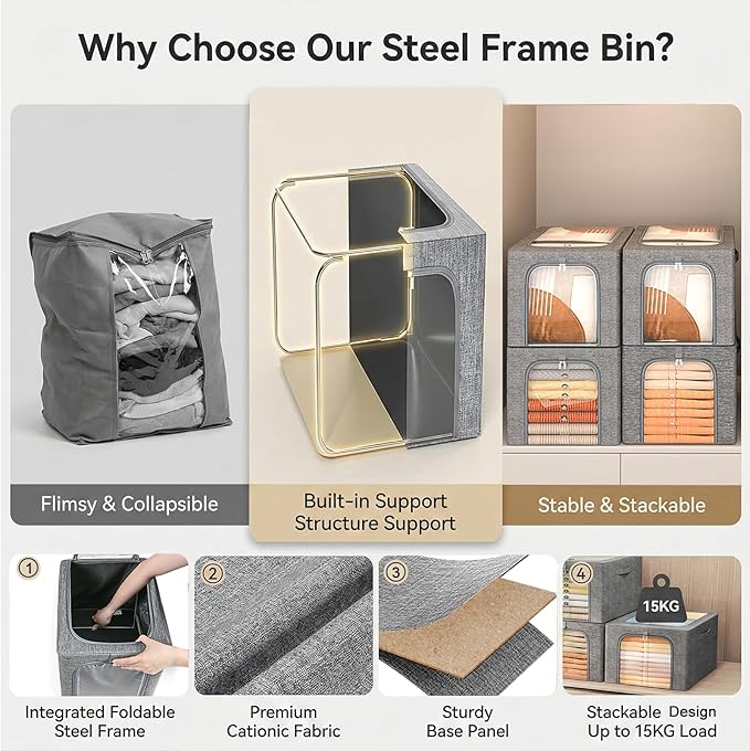 GoMaihe Clothes Storage Bin with Metal Frame: 6-Pack Stackable Closet Storage Bin with Lid &amp Clear Window Sweater Boxes Storage for Closet Bedding Clothing Storage Organizer 40L