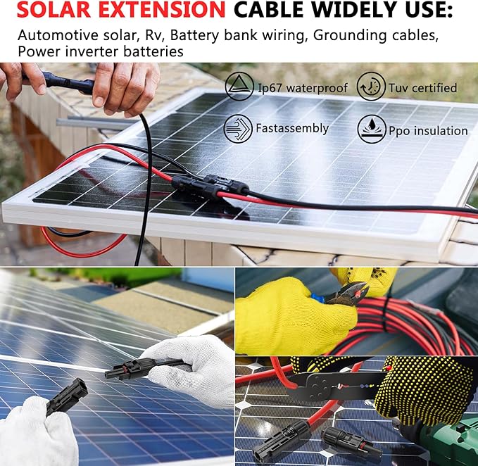 Vansdon 2x20 Feet Solar Panel Extension Cable 10AWG Solar Cable Solar Panel Cable with Female and Male Waterproof Connectors for RV Photovoltaic Systems (20FT Red + 20FT Black)