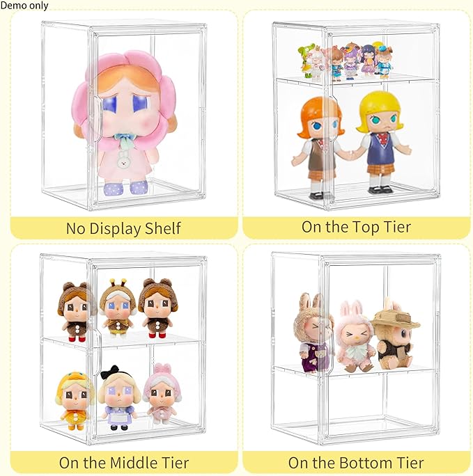 Acrylic Display Case with Removable Shelf 2 Tier Clear Plastic Stackable Storage Bins with Magnetic Lids Figure Display Case for Collectibles Cosmetic Acrylic Box 4 Pack