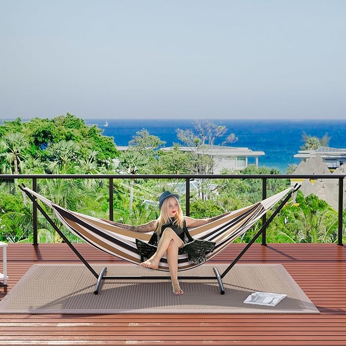 Double Cotton Hammock with Steel Stand for Outside Brazilian Style 450lbs Capacity Portable Indoor Outdoor Lounger with Carry Bag 2-Person Capacity Ideal for Backyard Garden Camping Brown