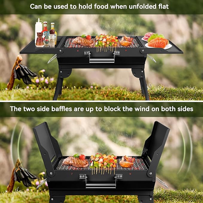 Portable Charcoal Grill Foldable Grills BBQ Grill Charcoal Small Grill for Travel Camping Outdoor Cooking Backyard Hiking Patio Garden Picnics Black