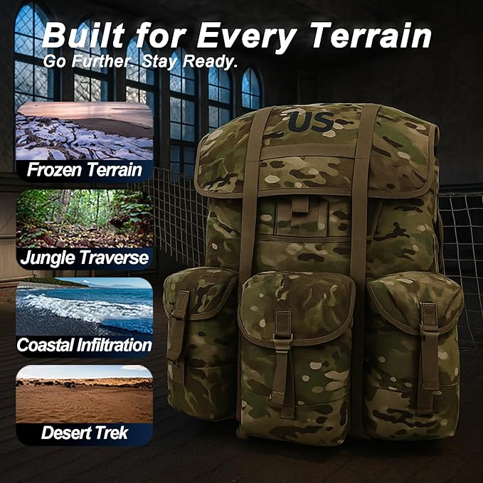 MT Military ALICE Pack Large Size Tactical Rucksack with Aluminum Quick-Release Buckles and Enhanced Waist Support – US Logo