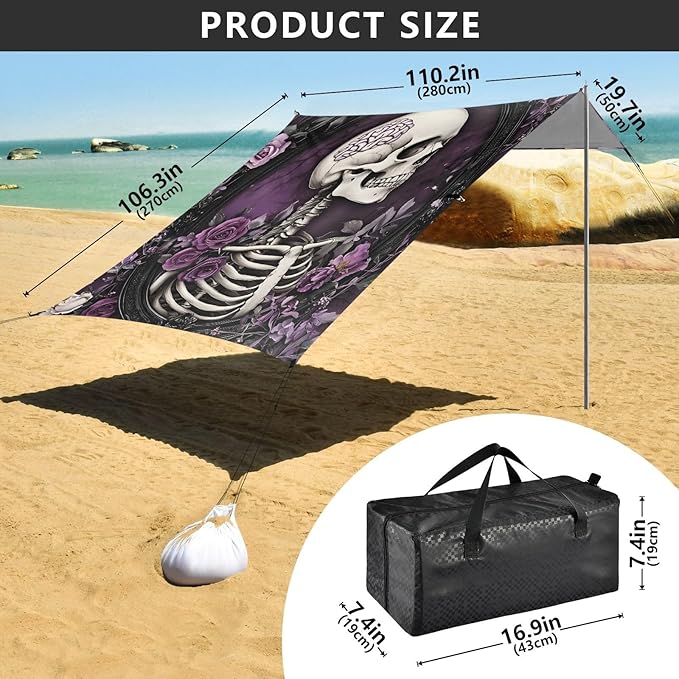 ALAZA Purple Skull Beach Tent Sun Shelter Portable Canopy Sunshade for Outdoor Camping Picnics Backyard Fun 10x9 ft