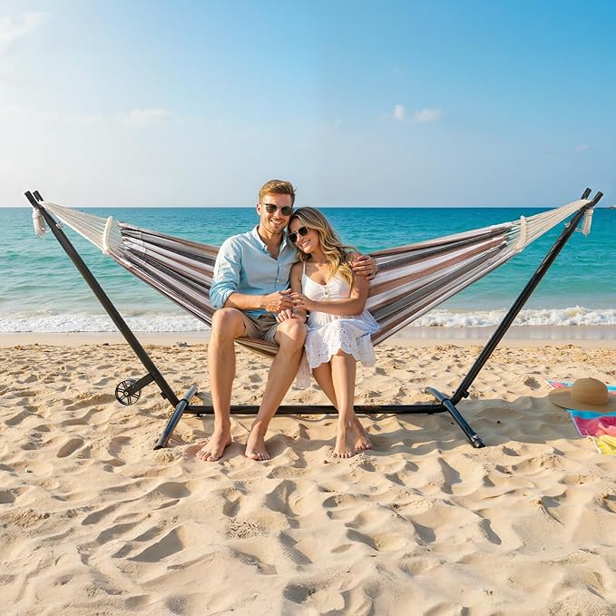 ONCLOUD Outside Hammock with Stand Portable Hammock Set with Wheel for Camping Backyard Heavy Duty Hammock with Carry Bag&amp2 Wooden Combs 440LBS Coffee Brown