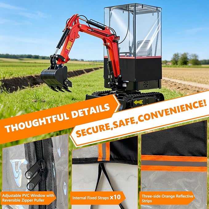 Mini Excavator Cover Transparent Anti-Wrinkle Excavator Cab Cover Fits Bobcat E20/Kubota U17 Models (1760-3530 lbs) Features Openable Windows Rollable on All Four Sides Safety Reflective Strips