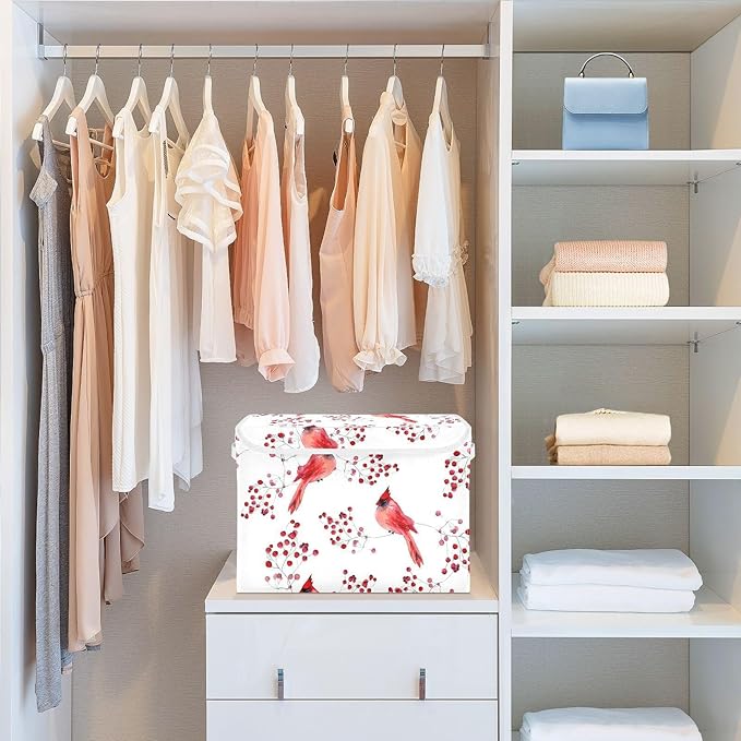 susiyo Large Foldable Storage Bin with Flip-Top Lid Cute Cardinal Birds Storage Box Collapsible Closet Organizer Containers Boxes Decorative Baskets with Handles for Home Bedroom Living Room Office