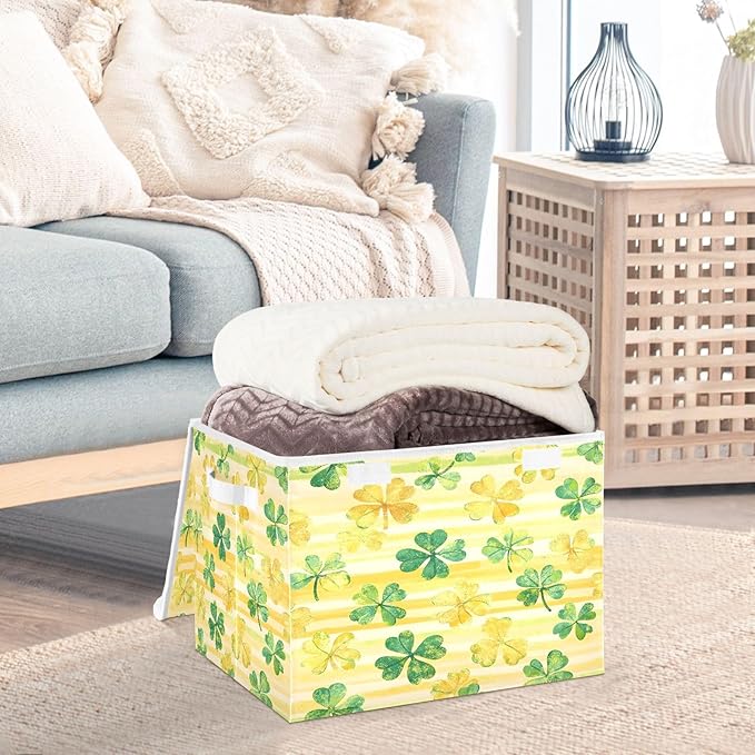 Shamrock Storage Baskets with Lids St. Patrick's Day Collapsible Bins Stackable Fabric Linen Baskets Closet Organizer Container 16.5x12.6x11.8