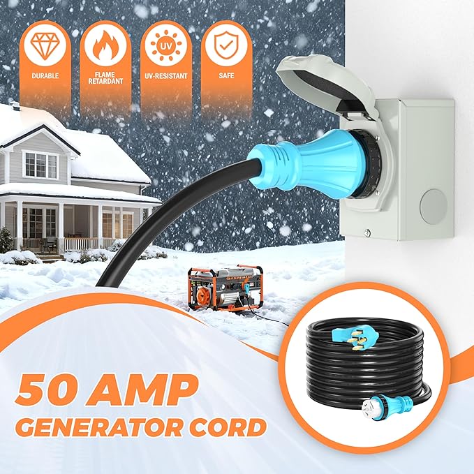 50 Amp 15 Feet Generator Extension Cord NEMA 14-50P Male to SS2-50R &amp CS6364 STW 6/3+8/1 AWG 125/250V Generator Power Cord Twist Lock Connectors for Generator to House