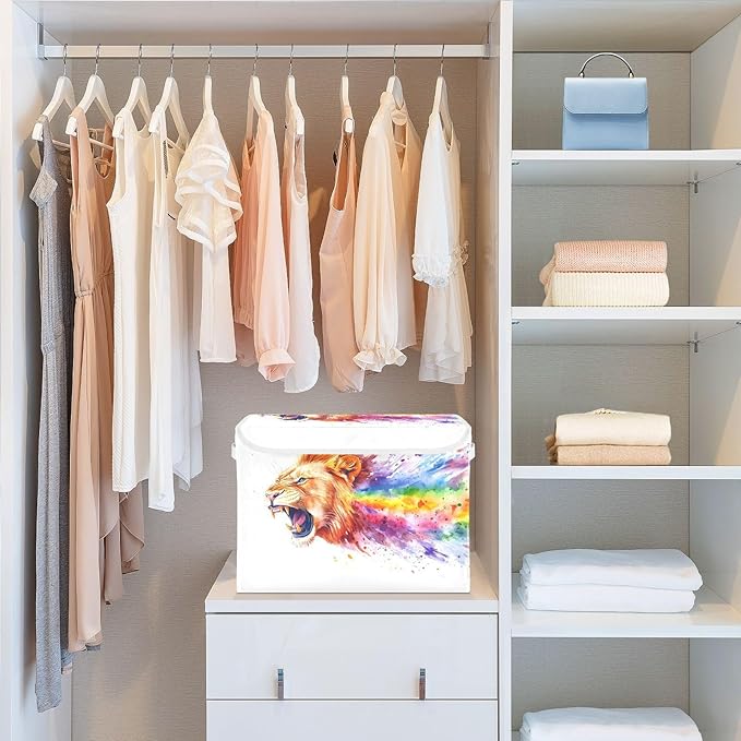 AIXIWAWA Lidded Storage Cube (Lion and Rainbow) Fabric Foldable Closet Bins with Flip Lid and Handles Organizer Basket Container 16.5 x 12.6 x 11.8 IN