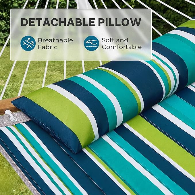 SUPERJARE Curved-Bar Hammock with Stand 2 Person Heavy Duty Hammock Frame Detachable Pillow &amp Portable Carrying Bag Perfect for Outdoor &amp Indoor Blue-Green Stripe